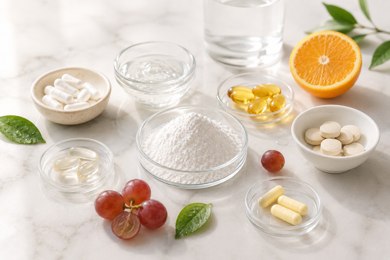 Luxacent ingredients — glutathione powder, vitamin C, softgels, tablets and antioxidant-rich fruit on marble