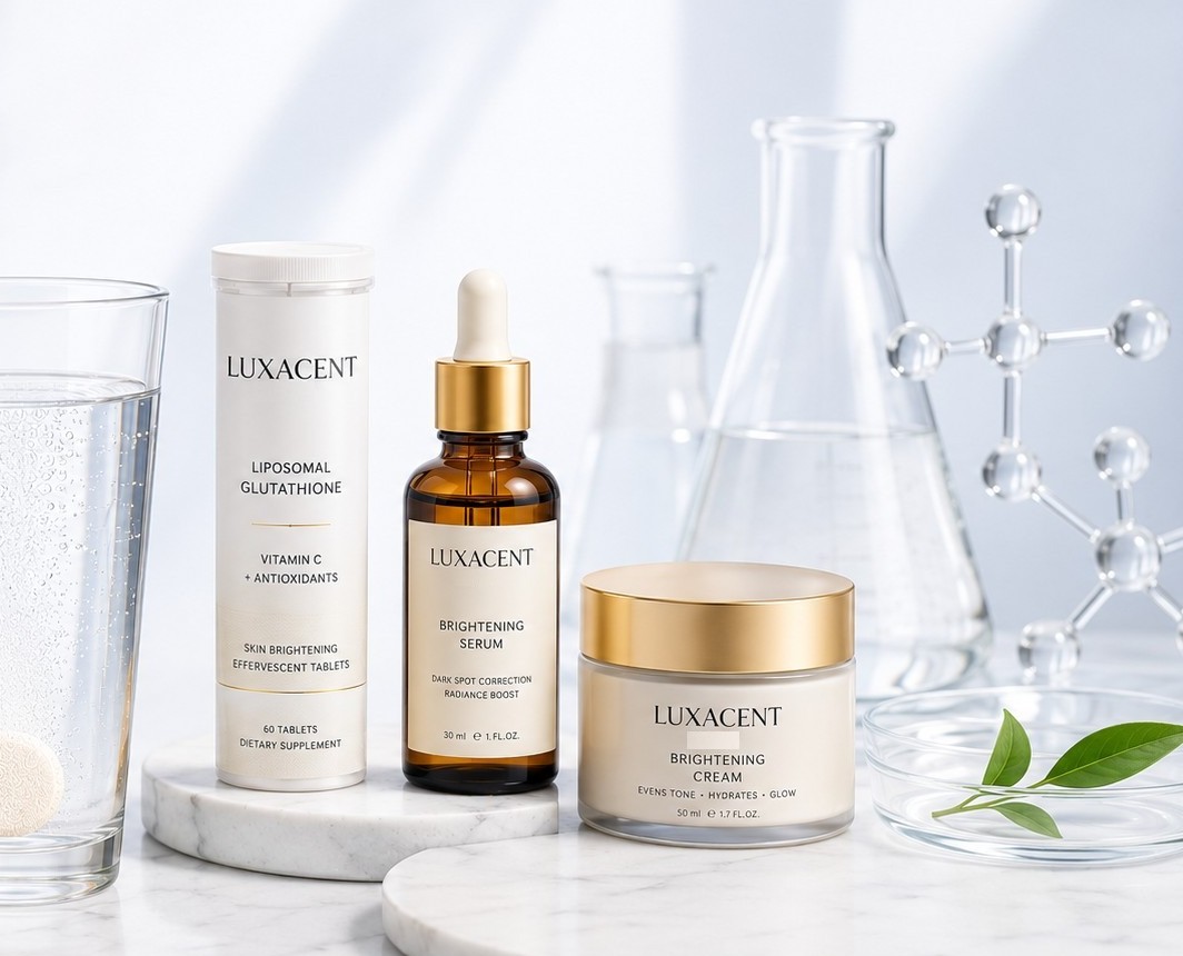 Luxacent skin brightening products with laboratory glassware
